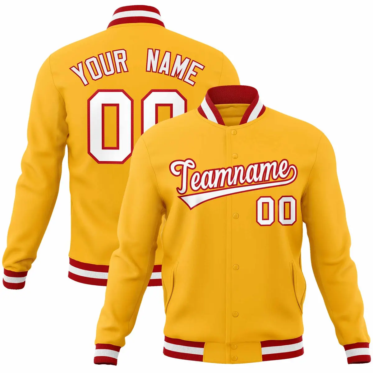 Gold White-Red Classic Varsity Full-Snap Letterman Jacket