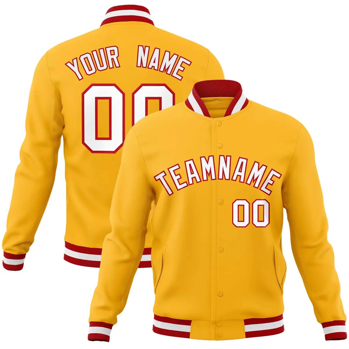 Gold White-Red Classic Varsity Full-Snap Letterman Jacket