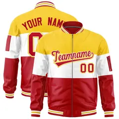 Gold White-Red Color Block Full-Zip Varsity Letterman Jacket
