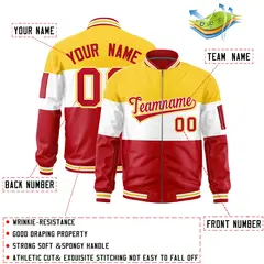 Gold White-Red Color Block Full-Zip Varsity Letterman Jacket 2