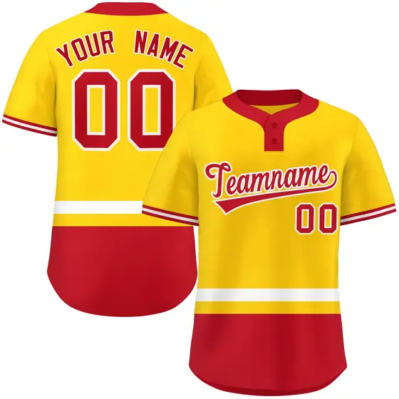 Gold White-Red Color Block Two-Button Softball Jersey