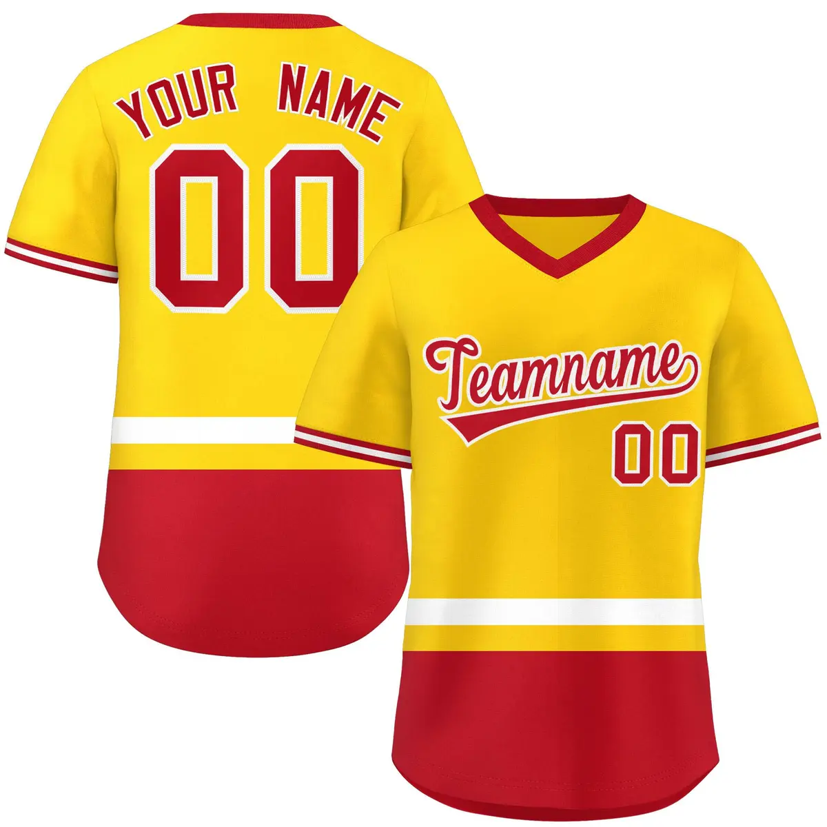 Gold White-Red Color Block V-Neck Pullover Baseball Jersey