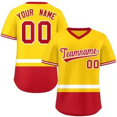 Gold White-Red Color Block V-Neck Pullover Baseball Jersey