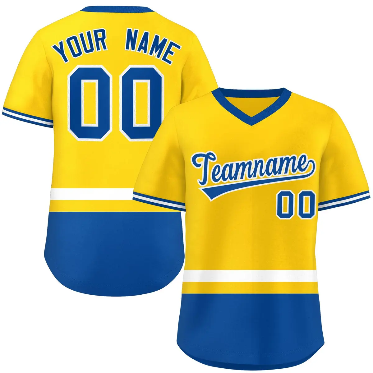 Gold White-Royal Color Block V-Neck Pullover Baseball Jersey