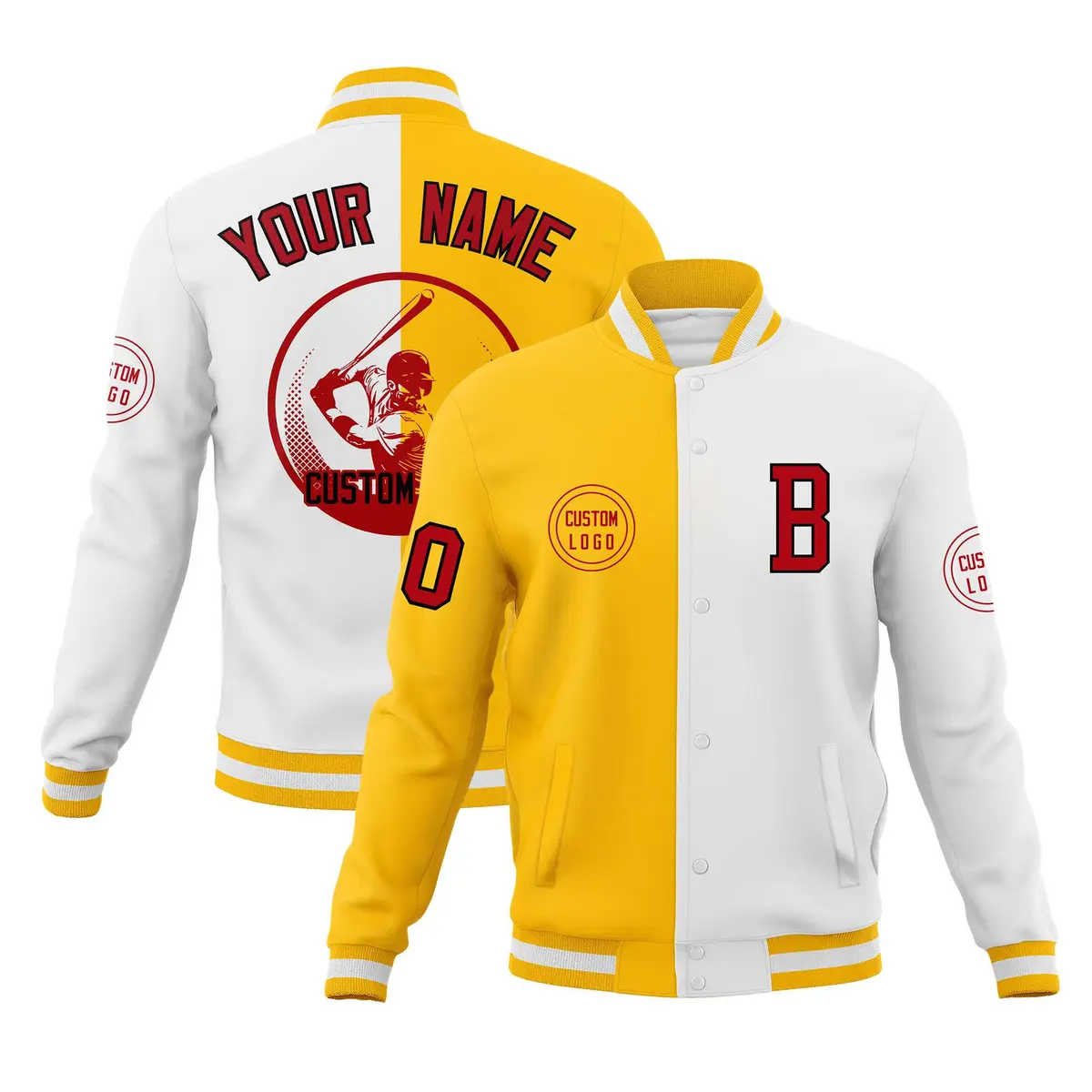 Gold White Split Letterman Varsity Full-Snap Baseball Jacket