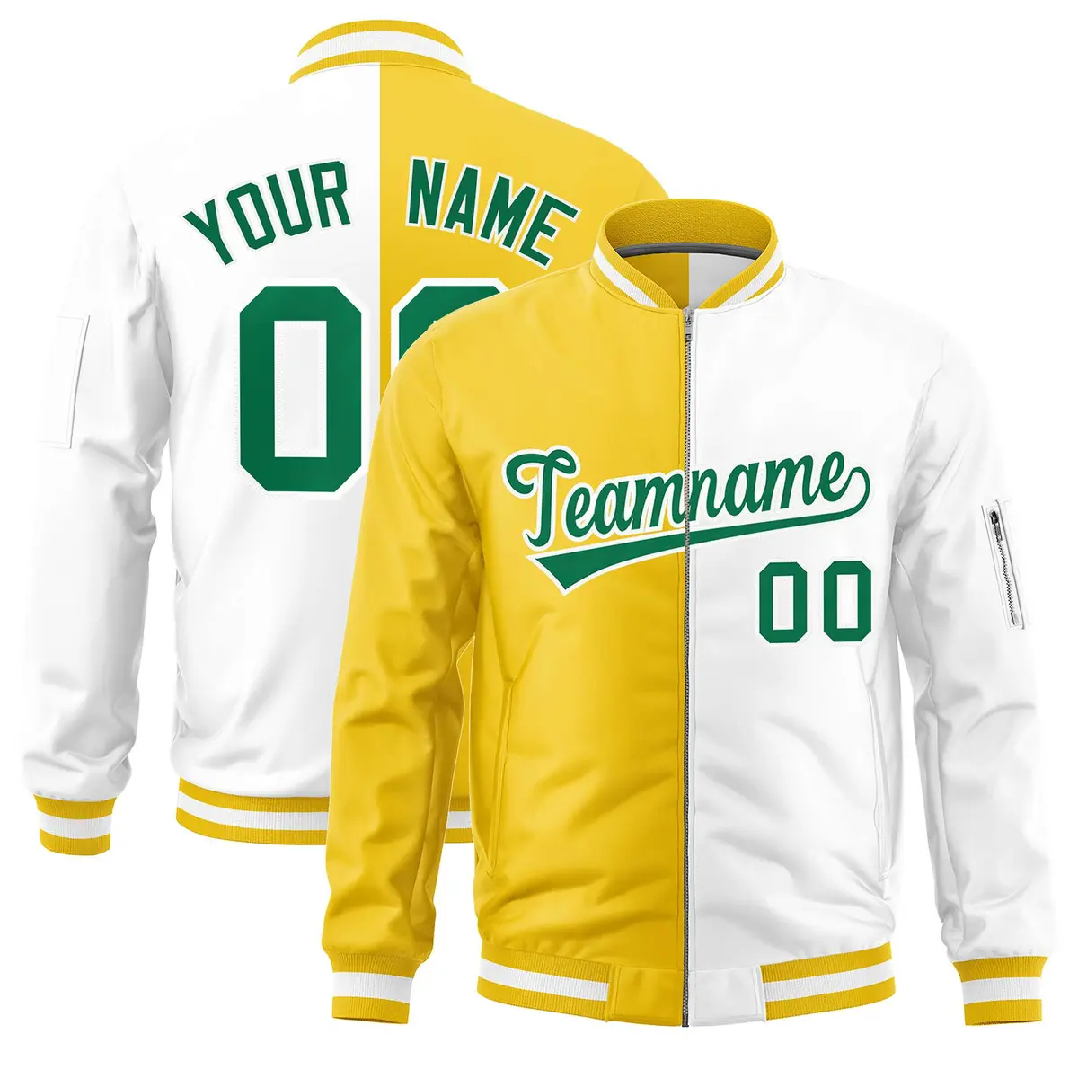 Gold White Split Varsity Full-Zip Letterman Bomber Jacket