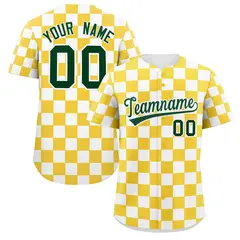 Gold White Square Grid Color Block Baseball Jersey