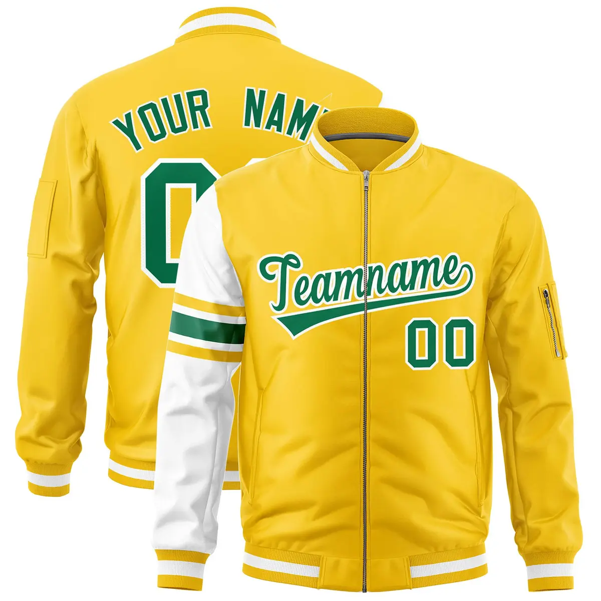 Gold White Varsity Full-Zip Raglan Stripe Letterman Bomber Jacket