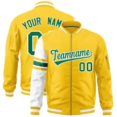 Gold White Varsity Full-Zip Raglan Stripe Letterman Bomber Jacket 1