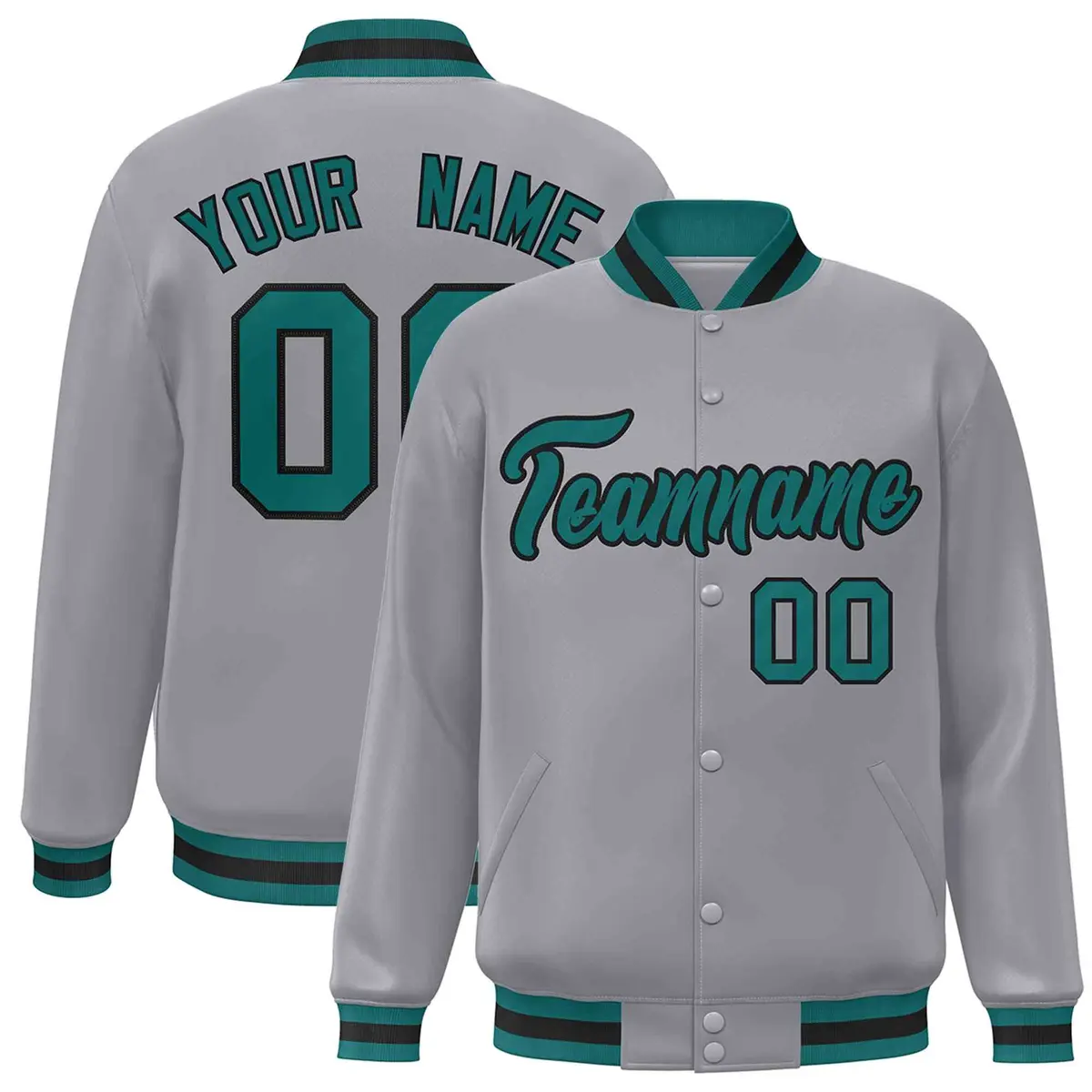 Gray Aqua-Black Classic Varsity Full-Snap Letterman Jacket