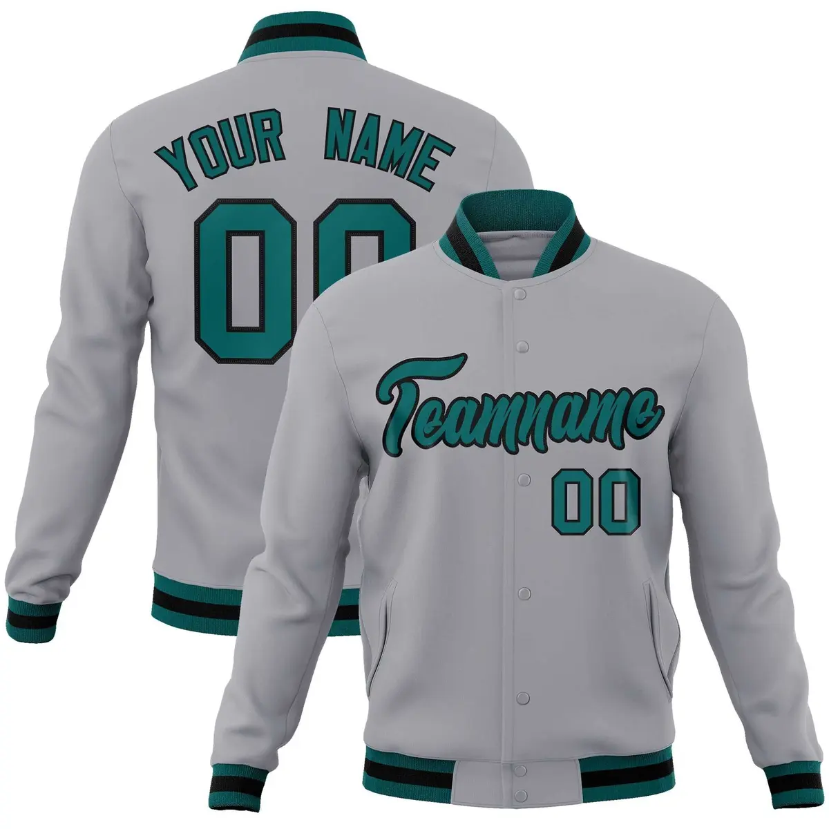 Gray Aqua-Black Classic Varsity Full-Snap Letterman Jacket