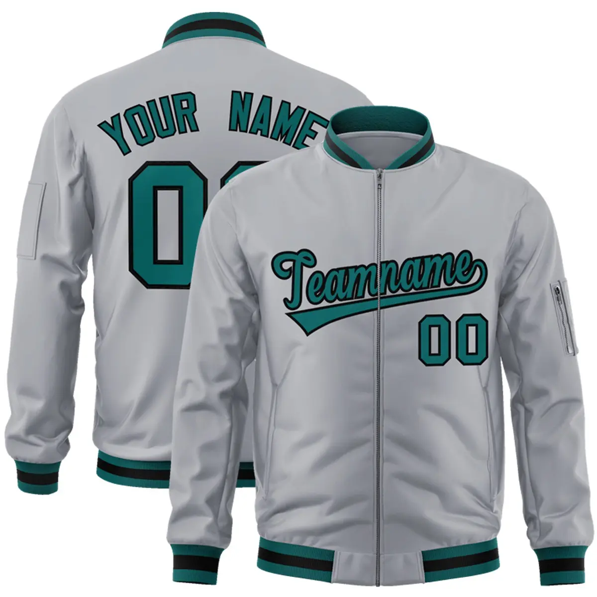 Gray Aqua-Black Varsity Full-Zip Letterman Bomber Jacket