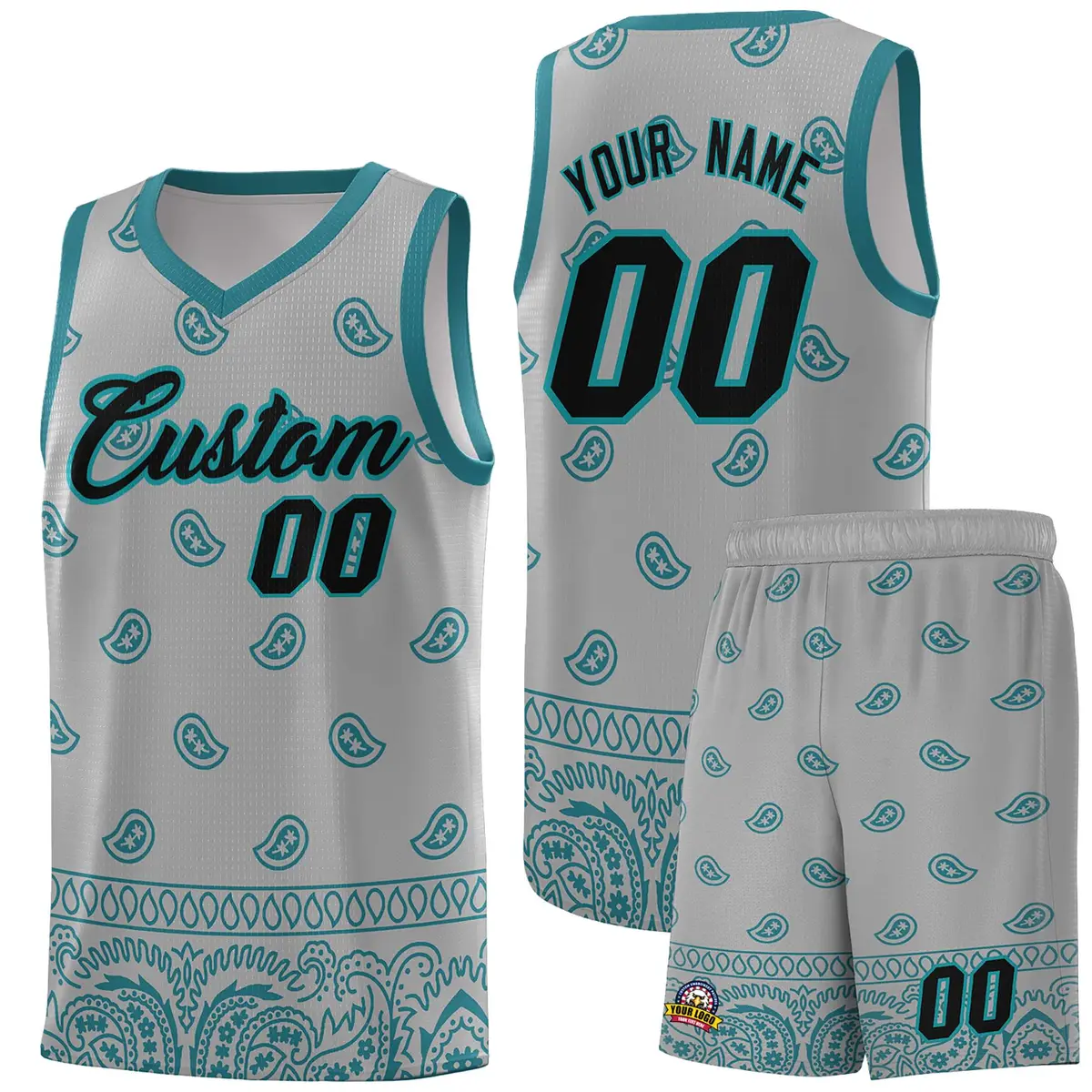 Gray Aqua Cashew Pattern Basketball Jersey