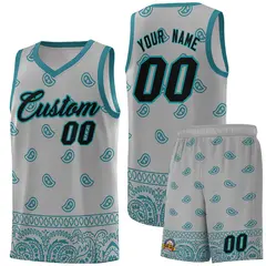 Gray Aqua Cashew Pattern Basketball Jersey 1