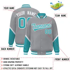 Gray Aqua Color Block Full-Snap Varsity Letterman Baseball Jacket 2