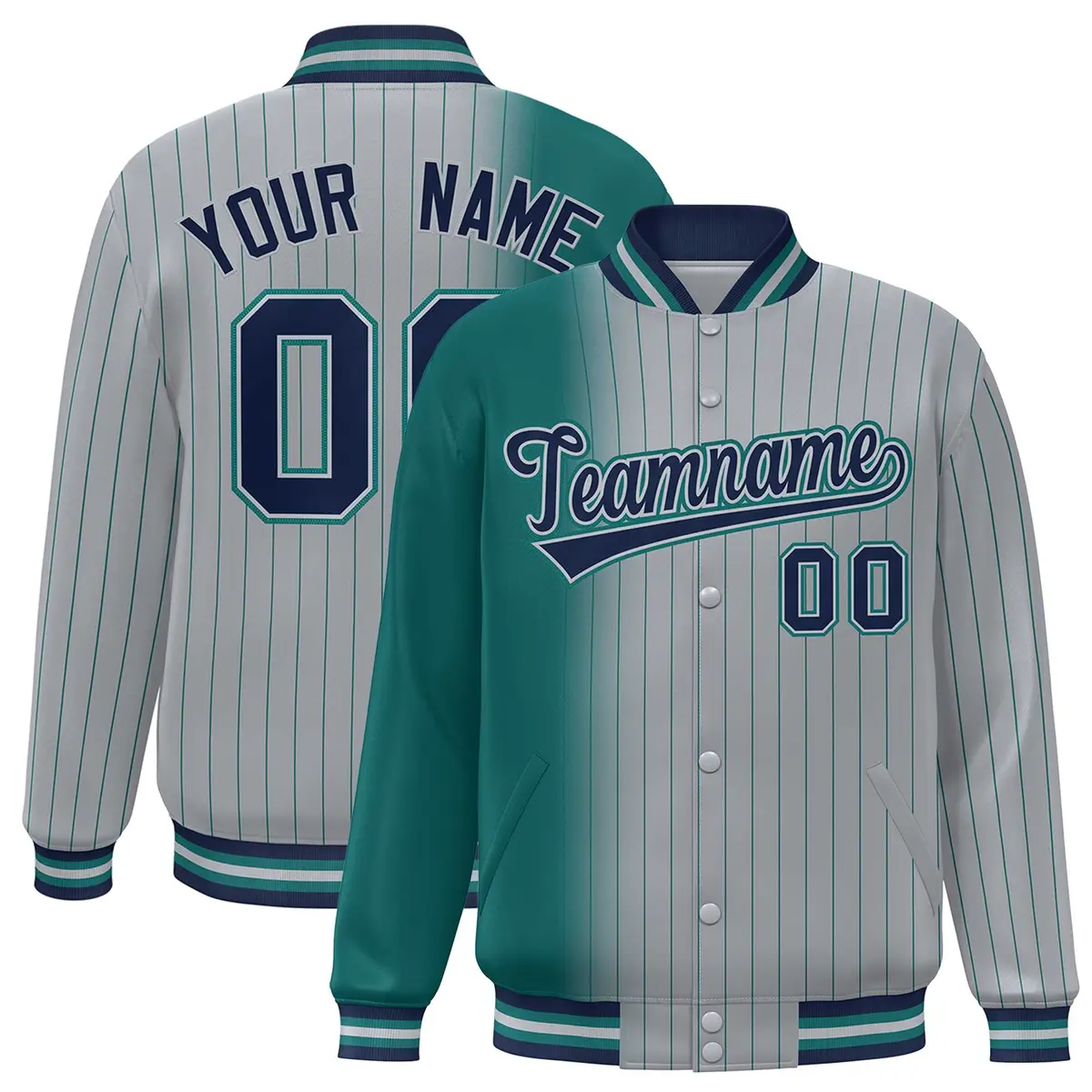 Gray Aqua Gradient Pinstripe Full-Snap Varsity Baseball Jacket