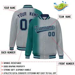 Gray Aqua Gradient Pinstripe Full-Snap Varsity Baseball Jacket 2