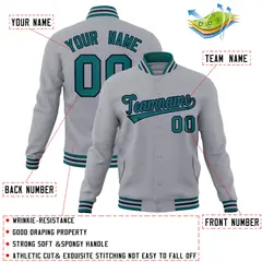 Gray Aqua-Navy Classic Varsity Full-Snap Letterman Jacket 4