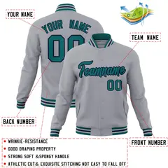 Gray Aqua-Navy Classic Varsity Full-Snap Letterman Jacket 4