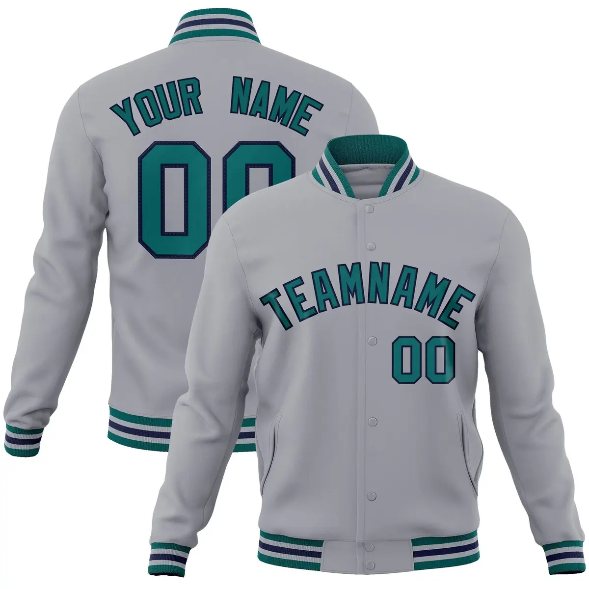 Gray Aqua-Navy Classic Varsity Full-Snap Letterman Jacket