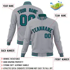 Gray Aqua-Navy Classic Varsity Full-Snap Letterman Jacket 4
