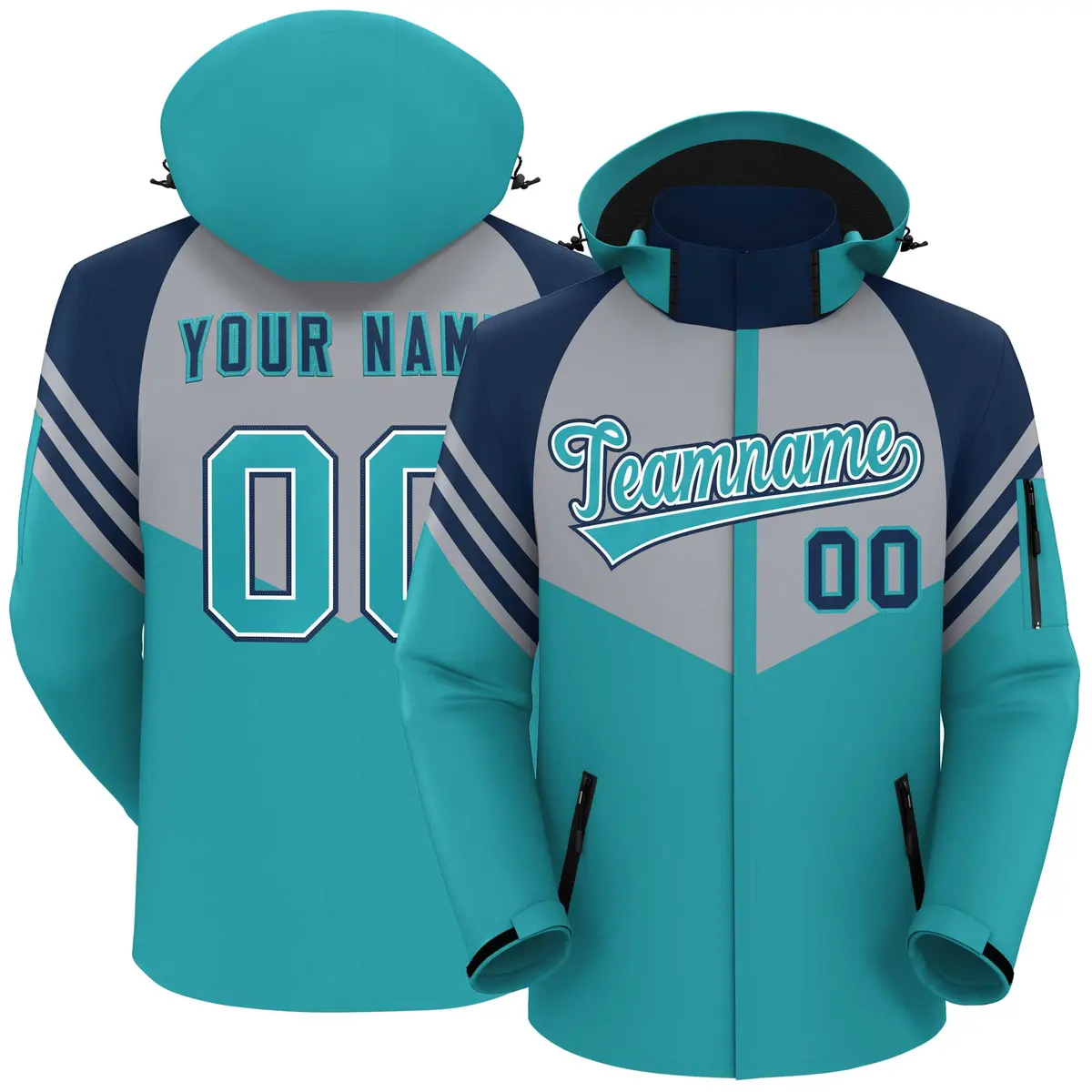 Gray Aqua-Navy Color Block Hooded Outdoor Waterproof Jacket