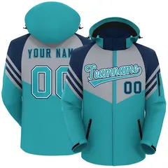Gray Aqua-Navy Color Block Hooded Outdoor Waterproof Jacket