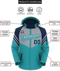Gray Aqua-Navy Color Block Hooded Outdoor Waterproof Jacket 2