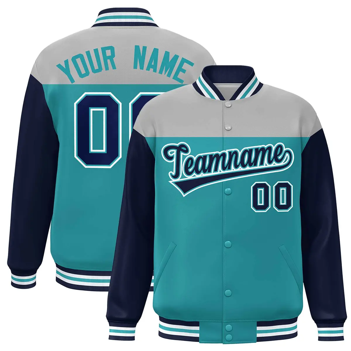 Gray Aqua-Navy Color Block Letterman Varsity Full-Snap Baseball Jacket