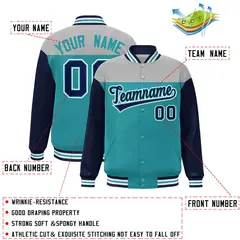Gray Aqua-Navy Color Block Letterman Varsity Full-Snap Baseball Jacket 2