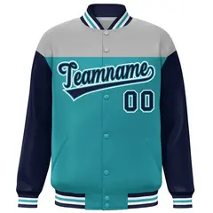 Gray Aqua-Navy Color Block Letterman Varsity Full-Snap Baseball Jacket 3