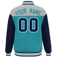 Gray Aqua-Navy Color Block Letterman Varsity Full-Snap Baseball Jacket 4