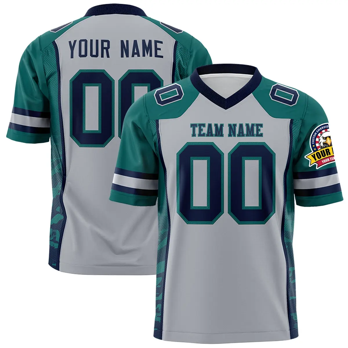 Gray Aqua-Navy Raglan Side Pattern Football Jersey