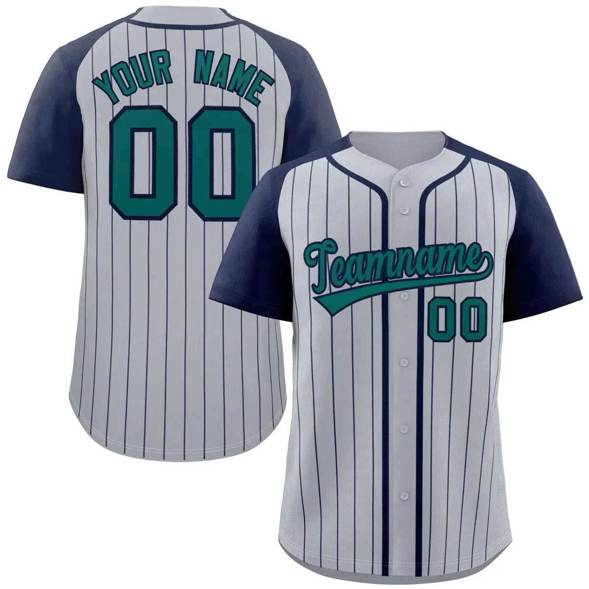 Gray Aqua-Navy Stripe Raglan Authentic Baseball Jersey