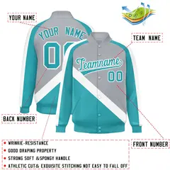 Gray Aqua Raglan Sleeves Varsity Full-Snap Letterman Jacket 2