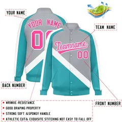 Gray Aqua Raglan Sleeves Varsity Full-Snap Letterman Jacket 2