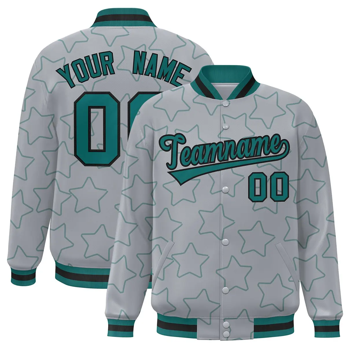 Gray Aqua Star Pattern Varsity Full-Snap Letterman Baseball Jacket