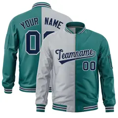 Gray Aqua Two Tone Full-Zip Varsity Letterman Bomber Jacket 1