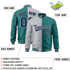 Gray Aqua Two Tone Full-Zip Varsity Letterman Bomber Jacket 2