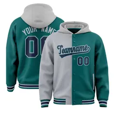 Gray Aqua Two Tone Split Full-Snap Varsity Letterman Hoodie Jacket 1