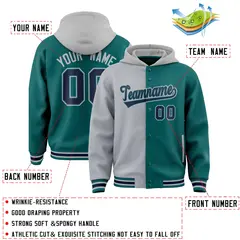 Gray Aqua Two Tone Split Full-Snap Varsity Letterman Hoodie Jacket 4