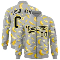 Gray Banana Pattern Varsity Letterman Bomber Jacket 1