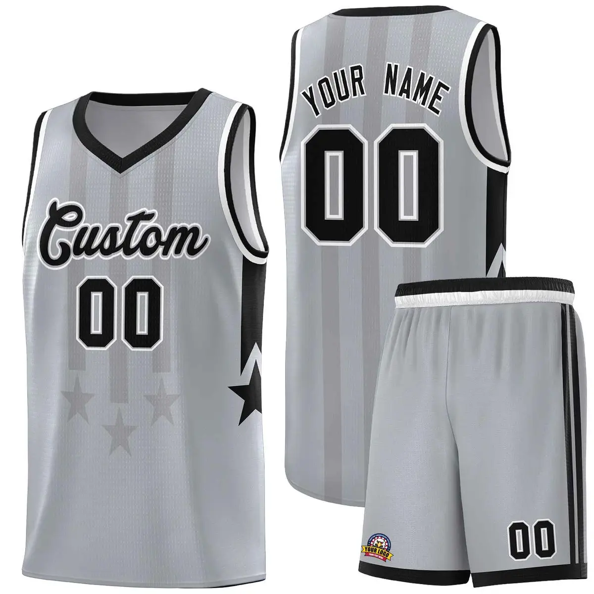 Gray Black and White Gradient Star Graffiti Basketball Jersey