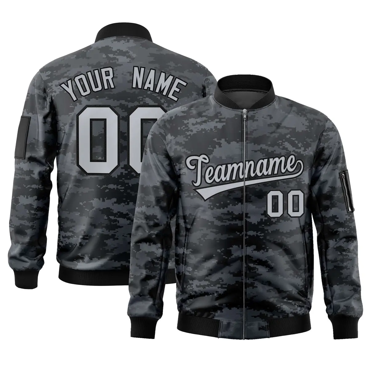Gray Black Camo Varsity Full-Zip Letterman Bomber Jacket