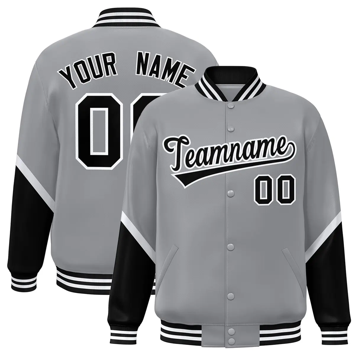 Gray Black Color Block Full-Snap Varsity Letterman Baseball Jacket