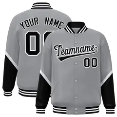 Gray Black Color Block Full-Snap Varsity Letterman Baseball Jacket 1