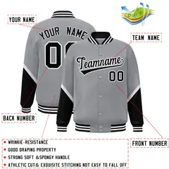Gray Black Color Block Full-Snap Varsity Letterman Baseball Jacket 2