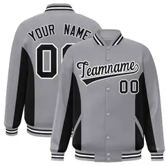 Gray Black Color Block Full-Snap Varsity Letterman Baseball Jacket 1