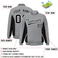 Gray Black Color Block Full-Snap Varsity Letterman Baseball Jacket 2