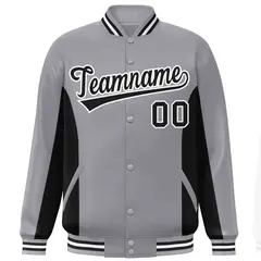 Gray Black Color Block Full-Snap Varsity Letterman Baseball Jacket 3
